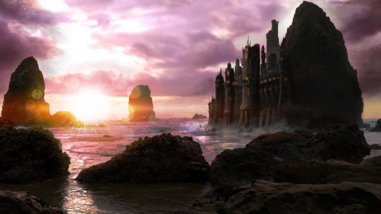 stones, Rocks, Art, Sunset, Clouds, Castle, Sea HD Wallpaper Desktop Background