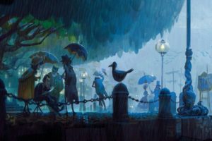 umbrellas, Lights, People, Birds, Art, Rain, Night, Street, Park