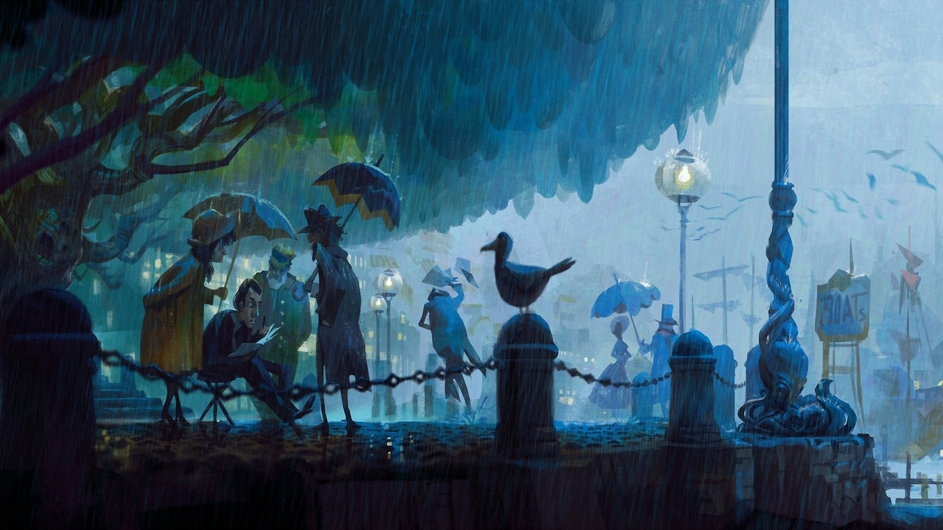 umbrellas, Lights, People, Birds, Art, Rain, Night, Street, Park Wallpaper