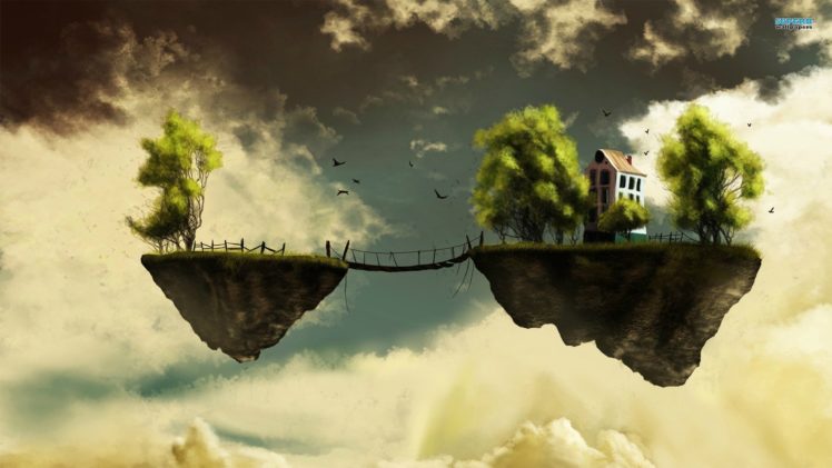island, Floating, Bridge, Dream, Bokeh, Fantasy, Sky, Fly, House, Trees HD Wallpaper Desktop Background