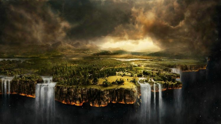 digital, Art, Nature, Landscape, Waterfall, Space, Forest HD Wallpaper Desktop Background