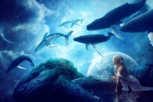 whale, Fantasy, Art, Planet, Artwork, Clouds, Water