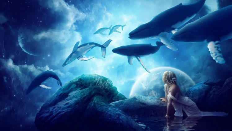 whale, Fantasy, Art, Planet, Artwork, Clouds, Water HD Wallpaper Desktop Background