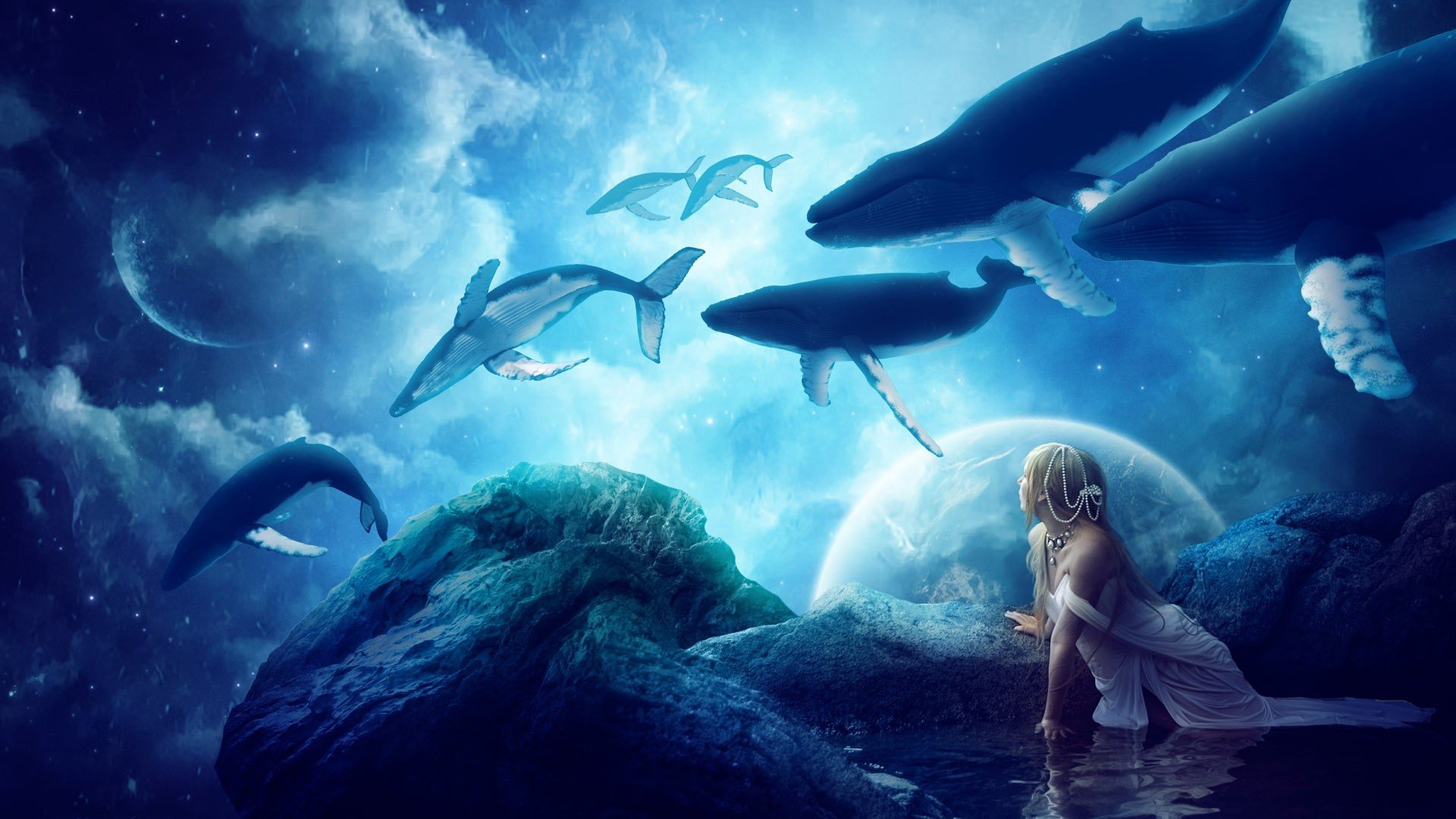 whale, Fantasy, Art, Planet, Artwork, Clouds, Water Wallpaper