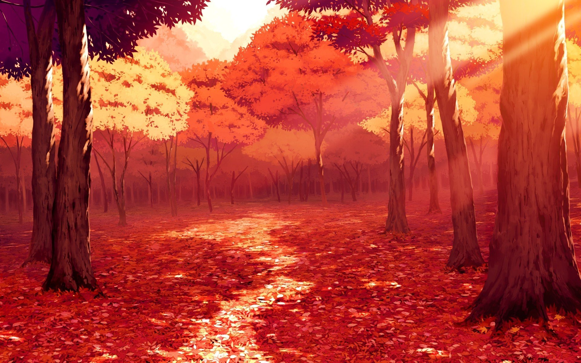 drawing, Artwork, Fall, Leaves, Sunlight, Forest, Red, Anime Wallpaper