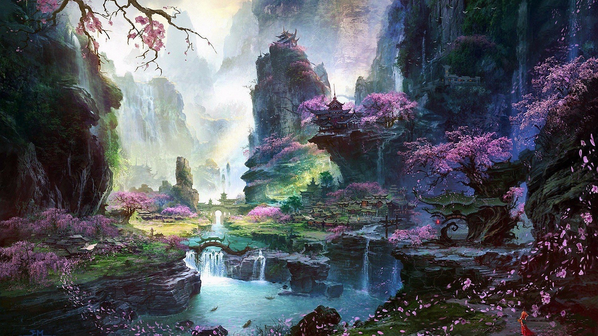 landscape, Fantasy, Art, Cherry, Blossom, Digital, Art, Asian, Architecture, Sky, Trees Wallpaper
