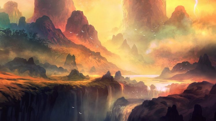artwork, Fantasy, Art, Water, Fall, Mountains, Landscape, Forest, Colorful, Sunlight HD Wallpaper Desktop Background