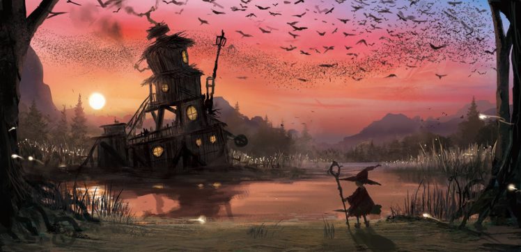 artwork, Fantasy, Art, Sunset, Witch, Birds, Sky, Pond HD Wallpaper Desktop Background