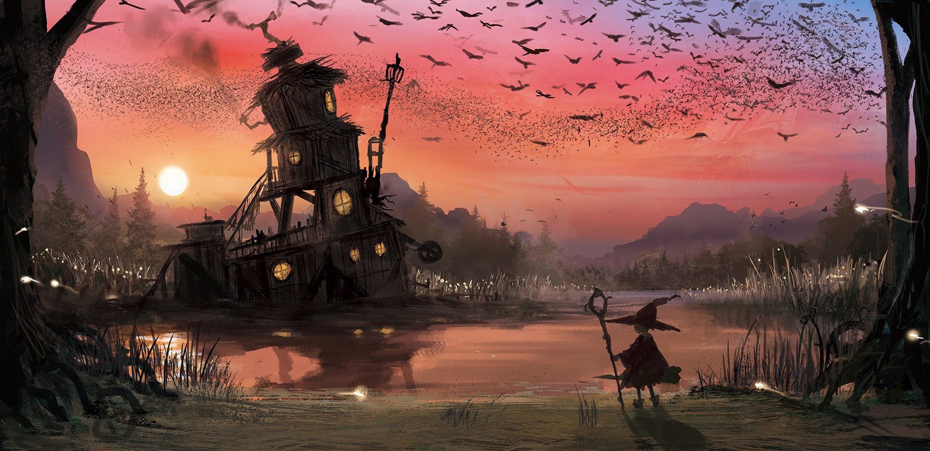 artwork, Fantasy, Art, Sunset, Witch, Birds, Sky, Pond Wallpaper
