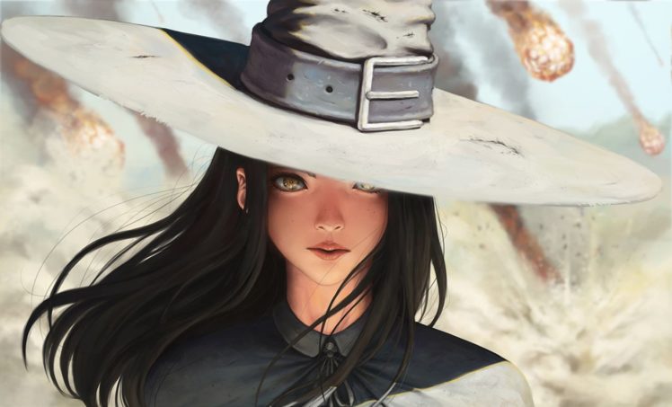 hat, Yellow, Eyes, Black, Hair, Realistic, Looking, At, Viewer, Long, Hair, Wind, Meteors, Capelets, Original, Characters HD Wallpaper Desktop Background