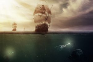 artwork, Sailing, Ship, Sea, Clouds, Pirates, Anglerfish, Lightning
