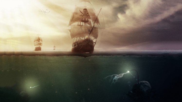 artwork, Sailing, Ship, Sea, Clouds, Pirates, Anglerfish, Lightning HD Wallpaper Desktop Background