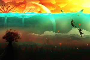 painting, Flying, Surreal, Trees, Clouds, Bubbles, Fish, Sea