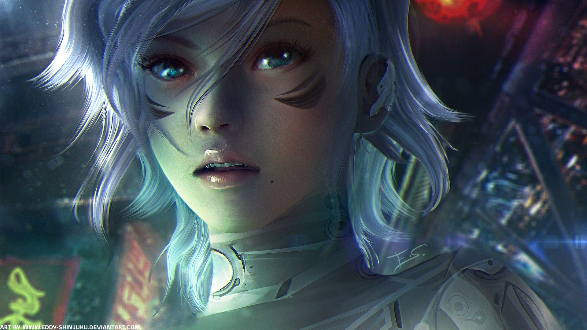 Anime Girls White Hair Science Fiction Looking At Viewer