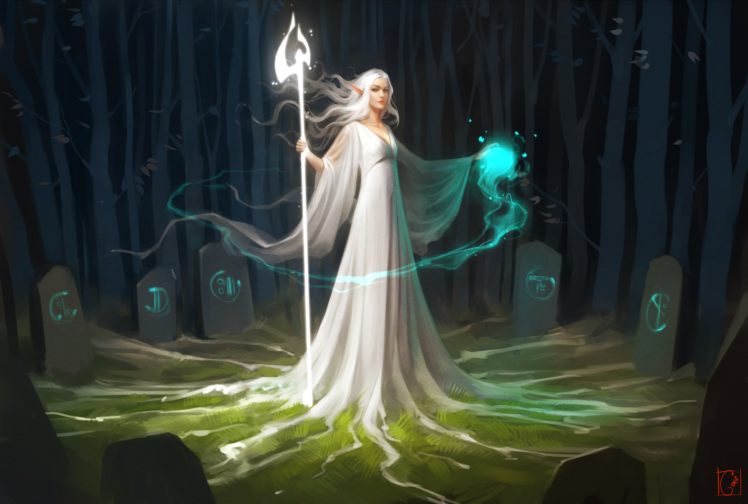 fantasy, Art, Elves, Magic, White, Dress, Forest HD Wallpaper Desktop Background