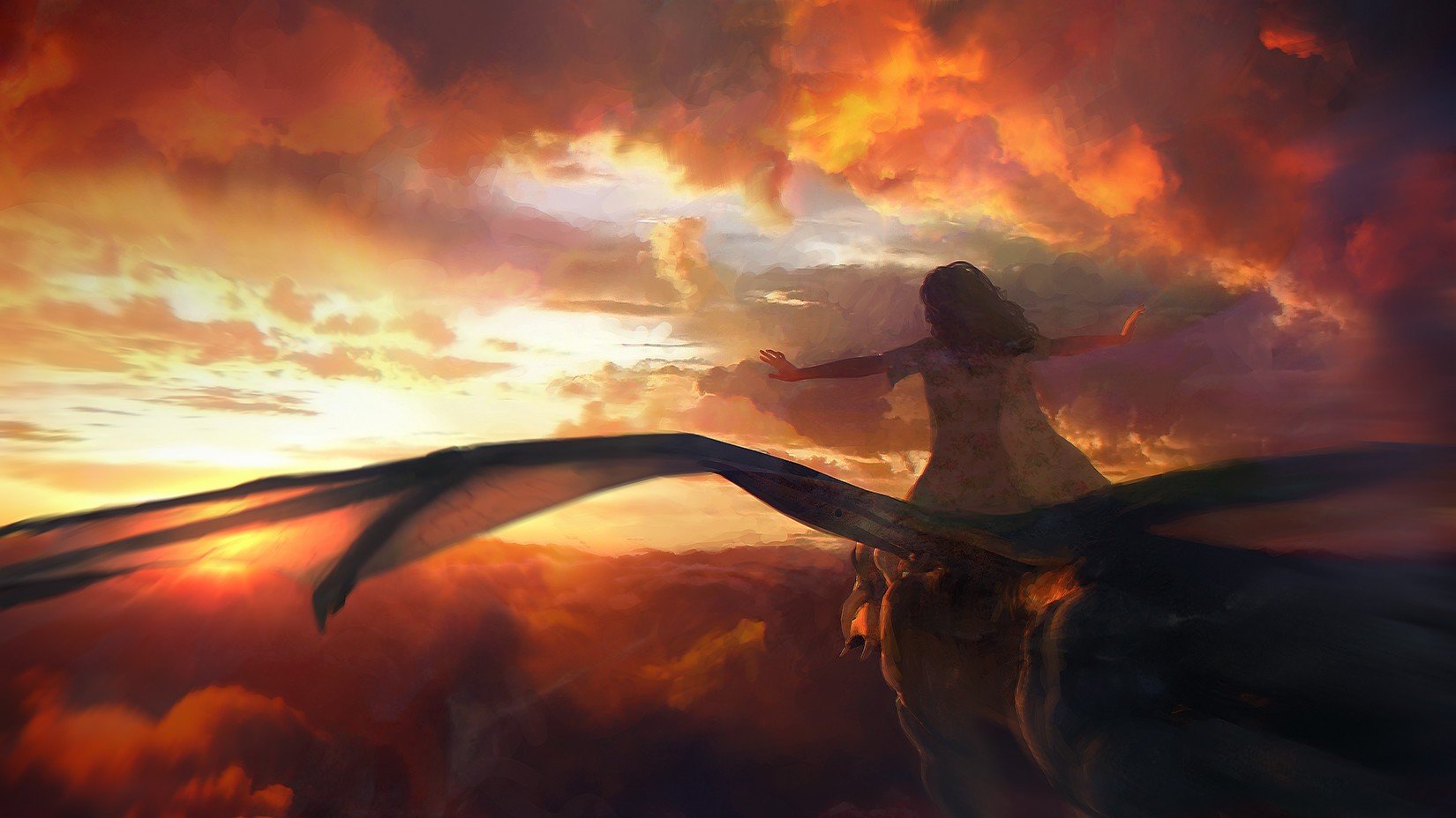 fantasy, Art, Dragon, Clouds, Sky, Flying, Girl Wallpaper