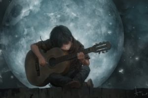 fantasy, Art, Guitar, Boy, Moon