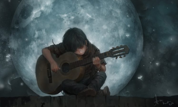 fantasy, Art, Guitar, Boy, Moon HD Wallpaper Desktop Background