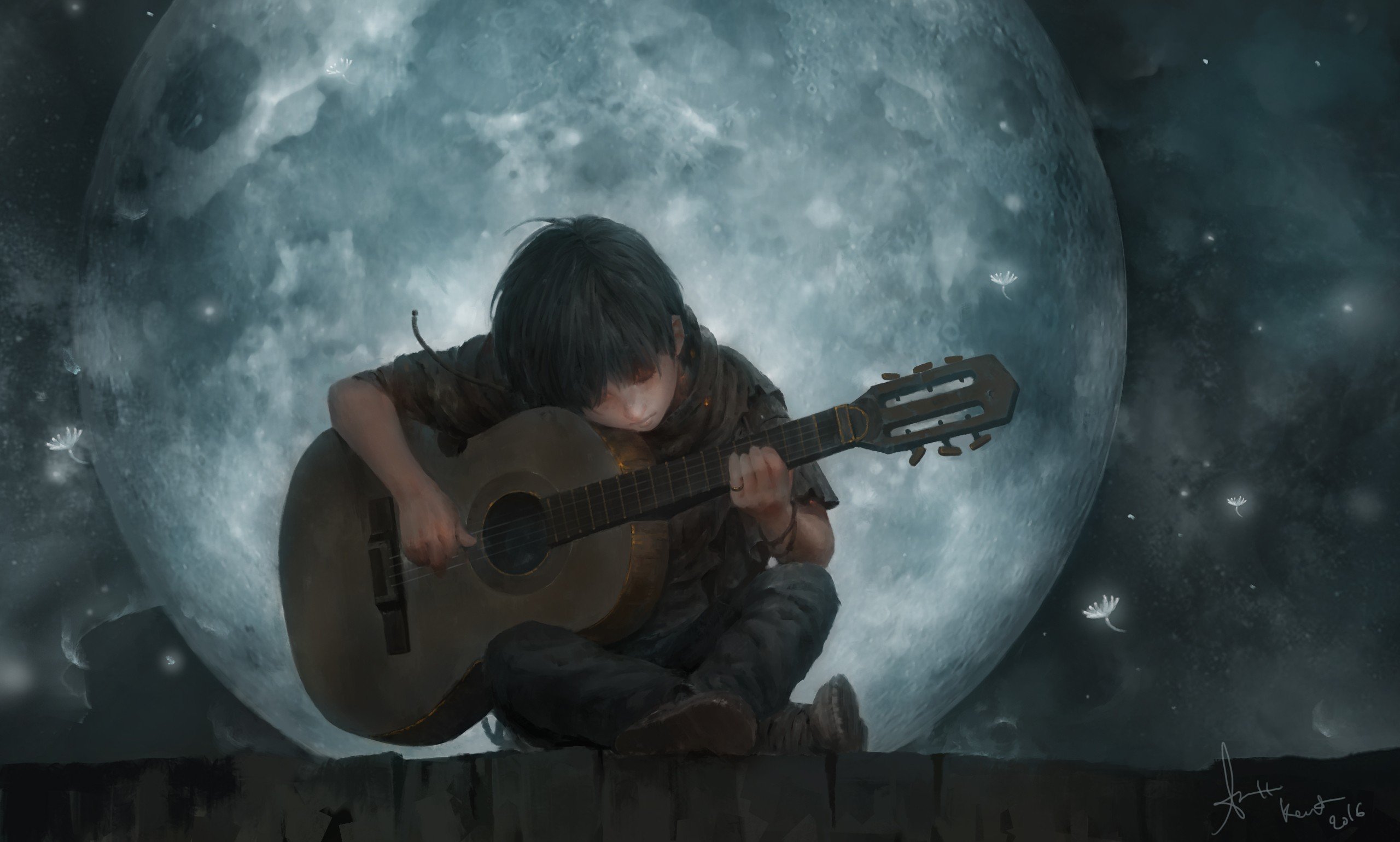 fantasy, Art, Guitar, Boy, Moon Wallpaper