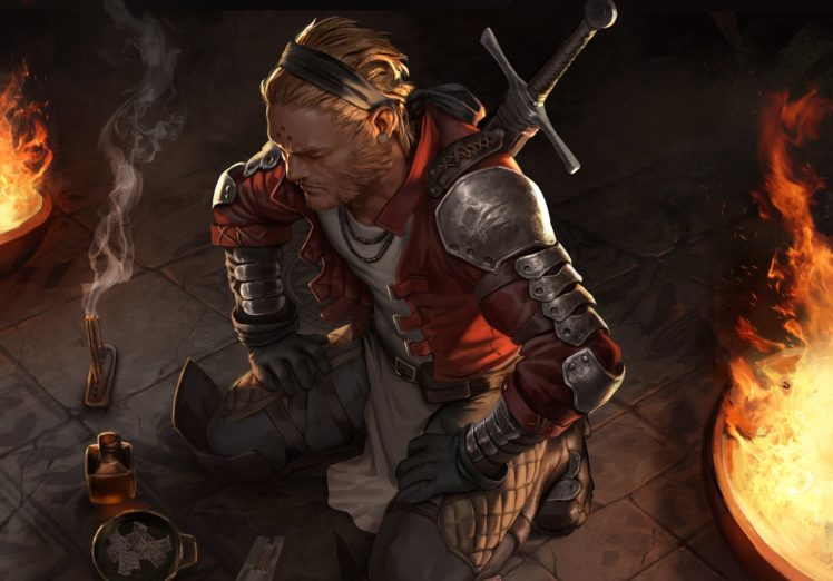 fantasy, Art, Warrior, Man, Fire, Sword HD Wallpaper Desktop Background