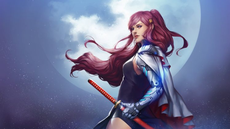 original, Characters, Fantasy, Fantasy, Art, Moon, Woman, Pink, Hair, Katana HD Wallpaper Desktop Background
