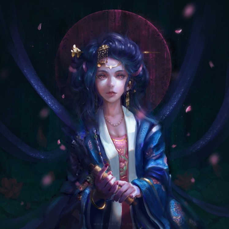 original, Characters, Fantasy, Art, Blue, Hair, Woman HD Wallpaper Desktop Background