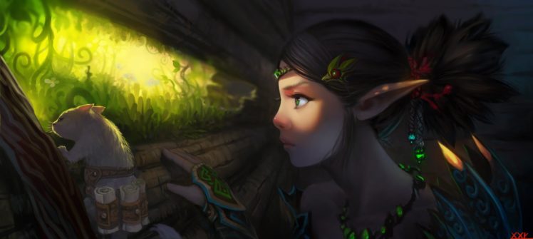 fantasy, Art, Warrior, Girl, Green, Eyes, Elf HD Wallpaper Desktop Background
