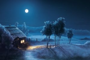 night, Moon, House, Path, Field, Tree, Beautiful, Landscape