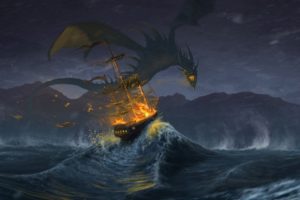 fantasy, Attack, Sea, Ocen, Ship, Drago
