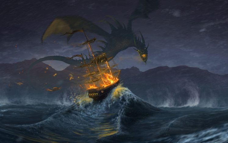 fantasy, Attack, Sea, Ocen, Ship, Drago HD Wallpaper Desktop Background