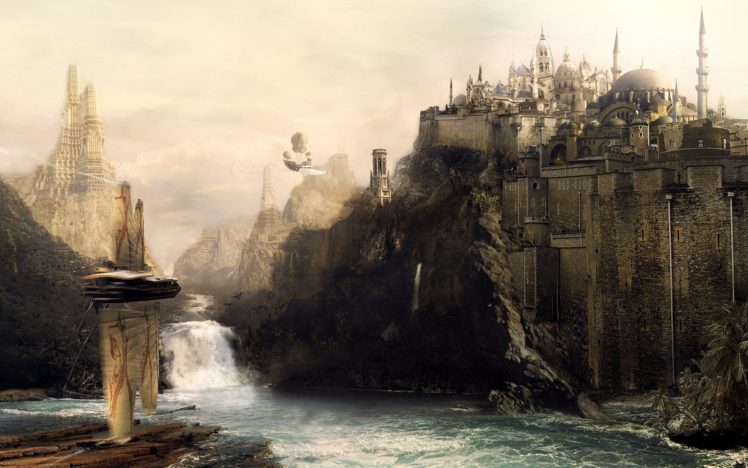 floating, Ships, Around, The, Castle, Sea, Fantas HD Wallpaper Desktop Background