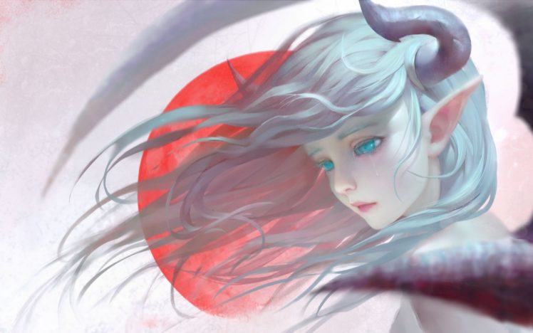 horns, Pointed, Ears, Blue, Eyes, Tear, Realistic, Blue, Hair, Fantasy, Art HD Wallpaper Desktop Background