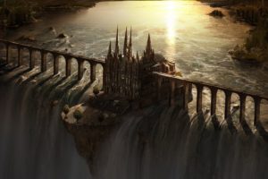 fantasy, Art, Waterfall, Castle, Bridge, Sunset