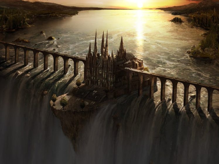 fantasy, Art, Waterfall, Castle, Bridge, Sunset HD Wallpaper Desktop Background