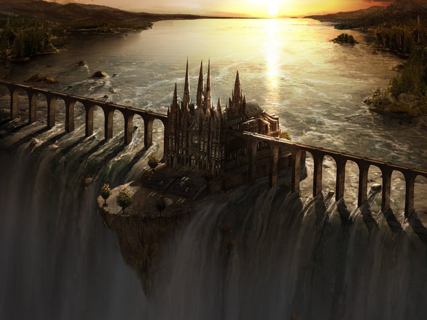 fantasy, Art, Waterfall, Castle, Bridge, Sunset Wallpaper