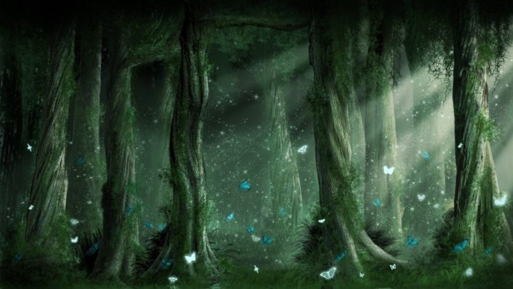 fantasy, Nature, Digital, Butterflies, Art, Forest, Green, Trees HD Wallpaper Desktop Background