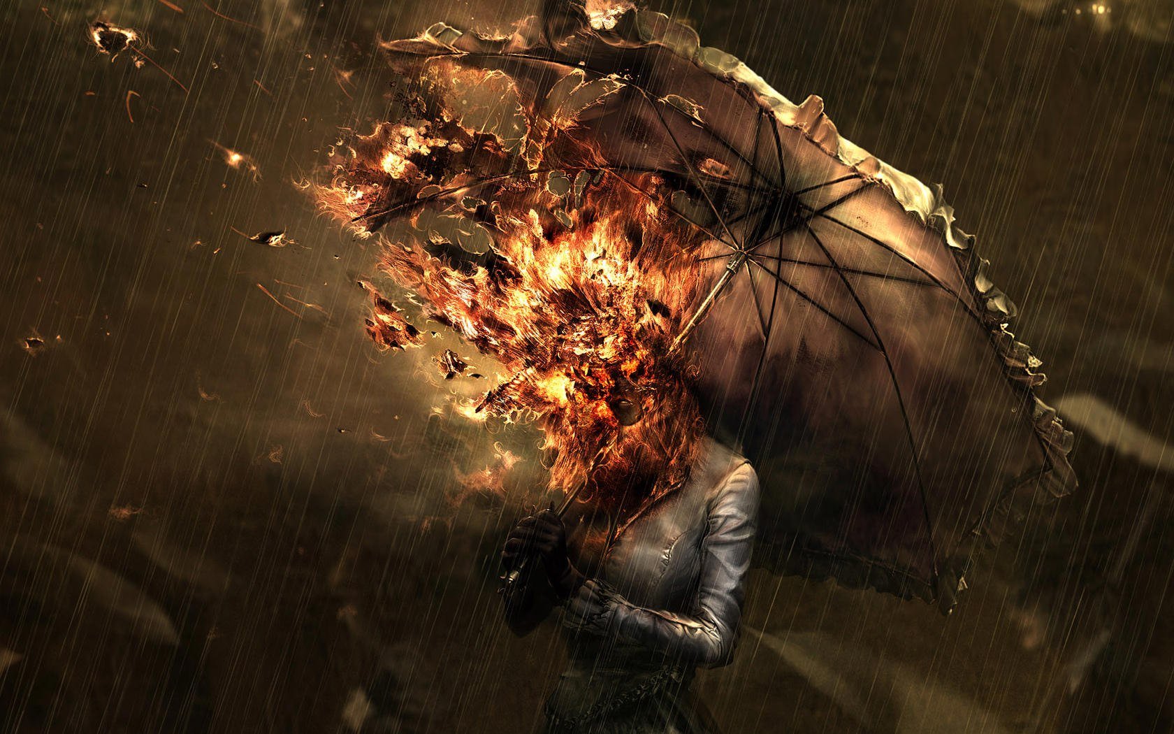 fire, Head,  , Surrealism, Umbrella, Rain, Fire Wallpaper
