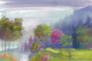 painting, Landscape, River, Waterfall, Hills, Trees, Artwork, River, Garden, Park