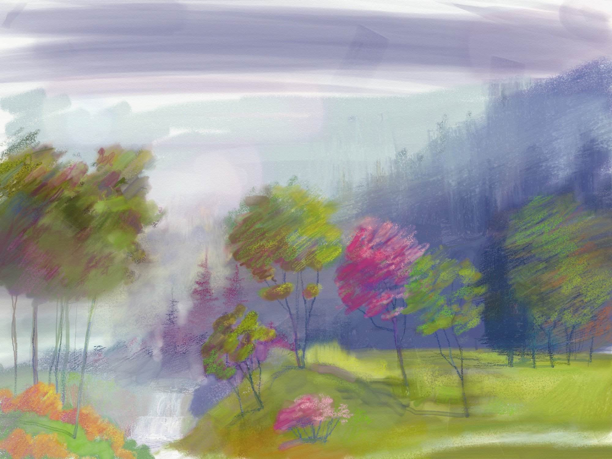 painting, Landscape, River, Waterfall, Hills, Trees, Artwork, River, Garden, Park Wallpaper