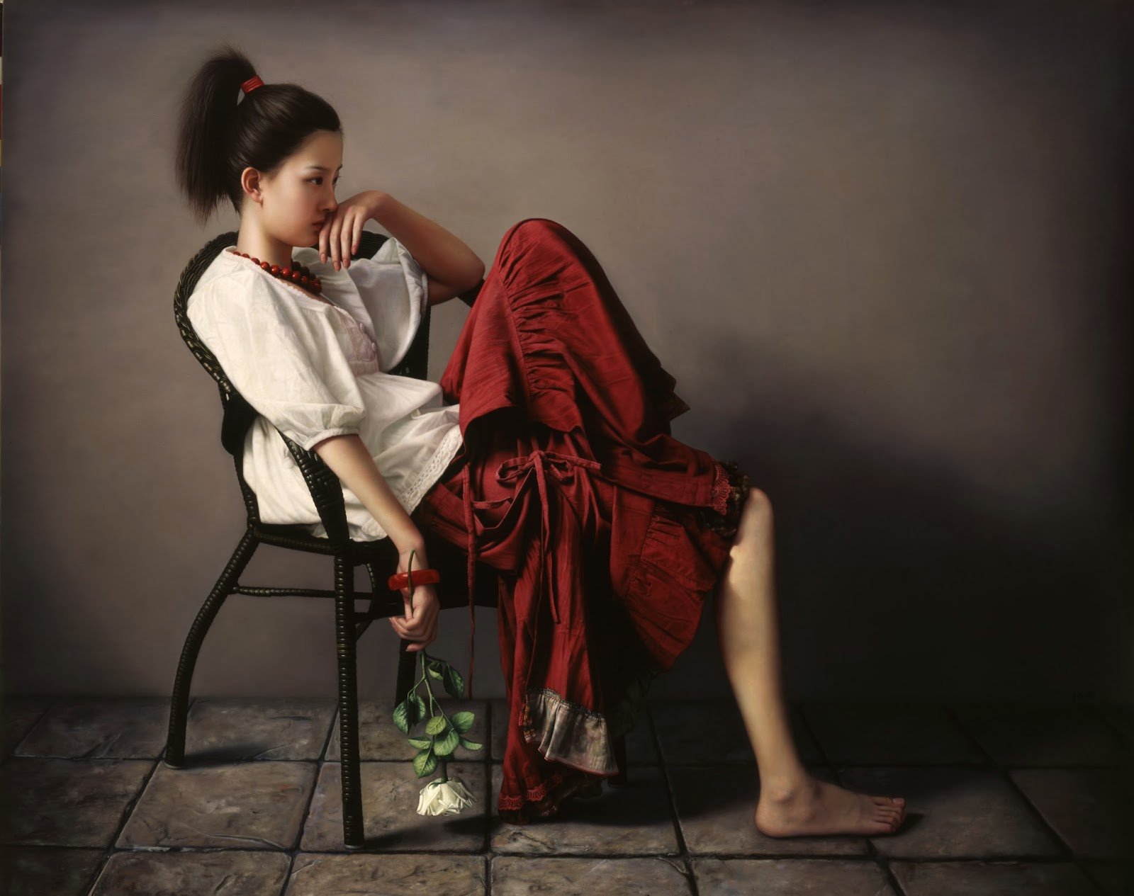 art, Oil, Asian, Girl, Dress, Red Wallpaper