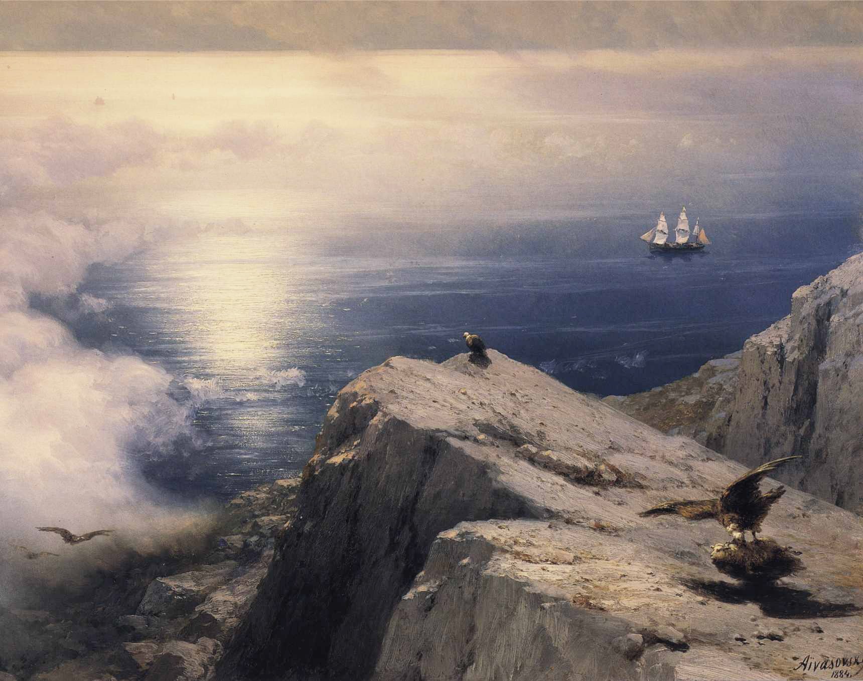art, Rocky coastal landscape in the aegean with ships in the distance Wallpaper