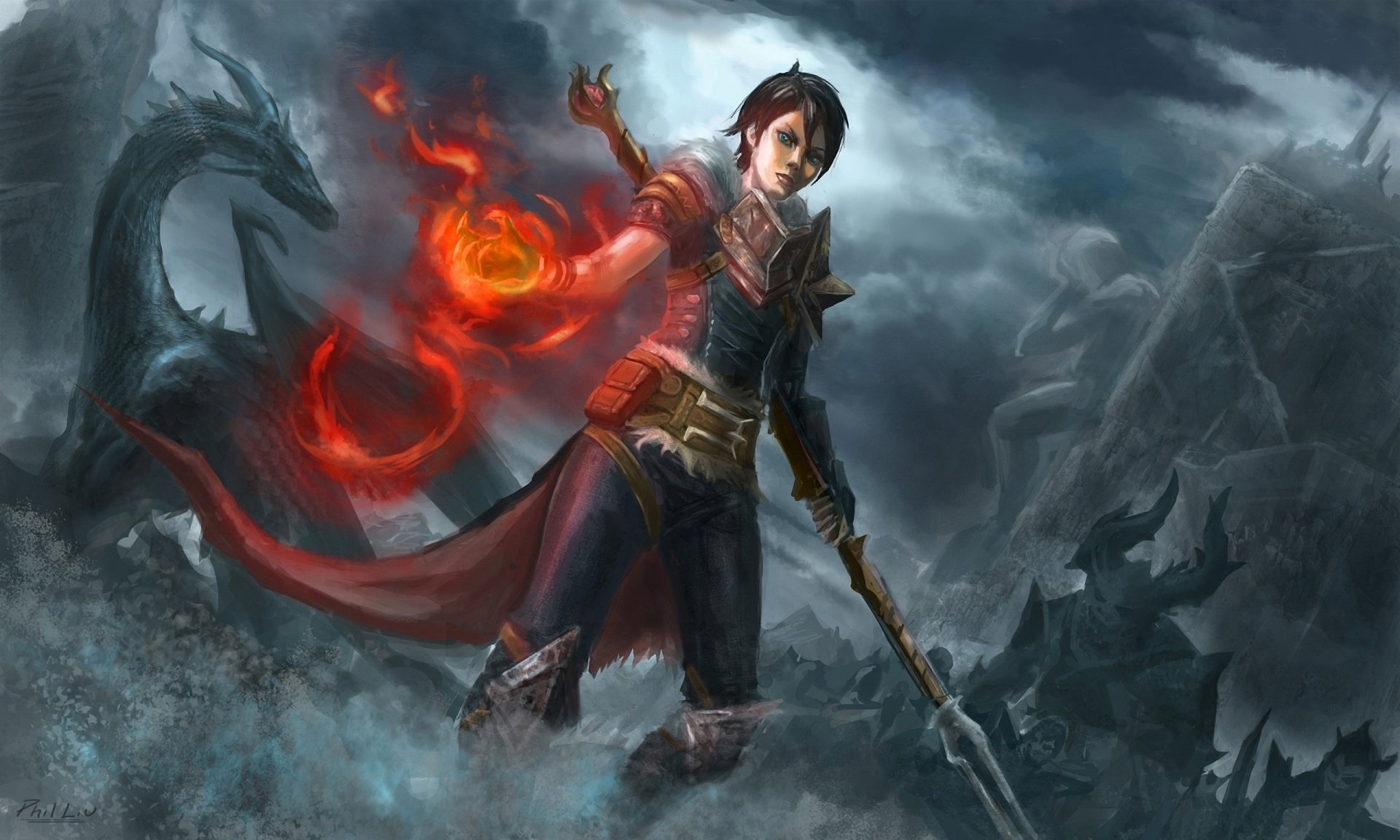 arts, Waarrior, Magic, Dragon, Hawke, Battle, The, Magician, Dragon, Age, Girls Wallpaper