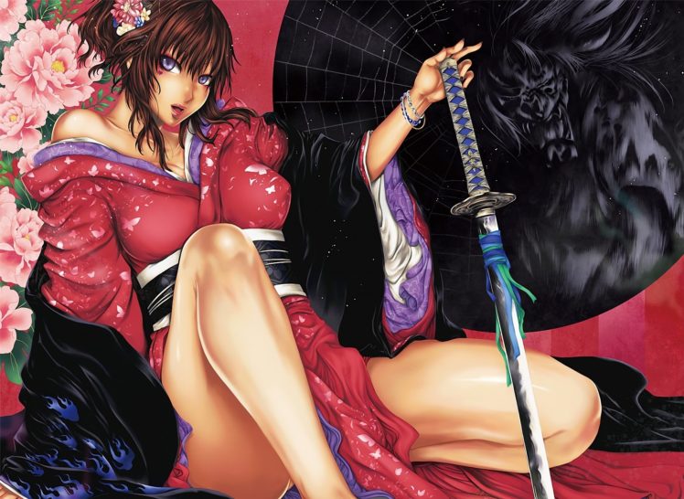 arts, Yatagarasu, Peonies, Kimono, Sword, Katana, Flowers, Warrior HD Wallpaper Desktop Background