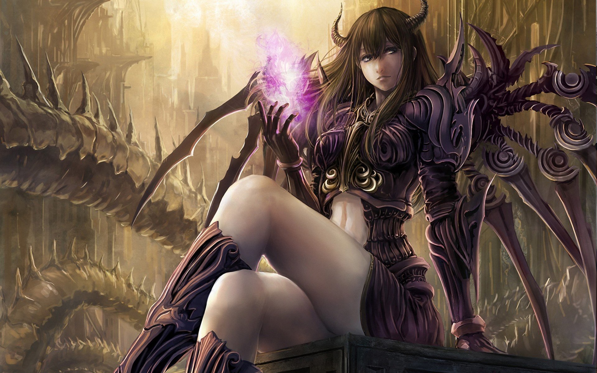 arts, Wings, Magic, Sitting, Takakyo, The, Demoness, Horns, Girl Wallpaper