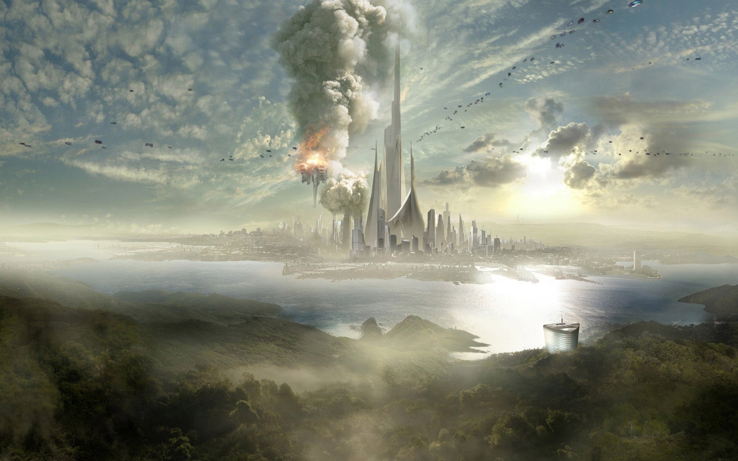 arts, City, Skyscrapers, Future, Fog, Slopes, Sea, Sky Wallpaper