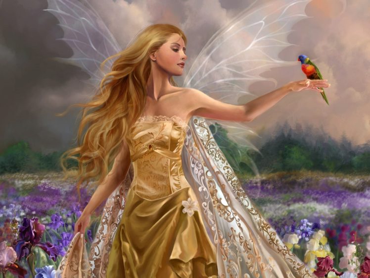 arts, Fairy, Girl, Wings, Flowers, Field, Bird HD Wallpaper Desktop Background