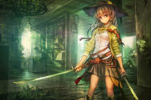 arts, Lm7, Op, Center, Girl, Katana, Weapons, Hat, Smiley, Anime