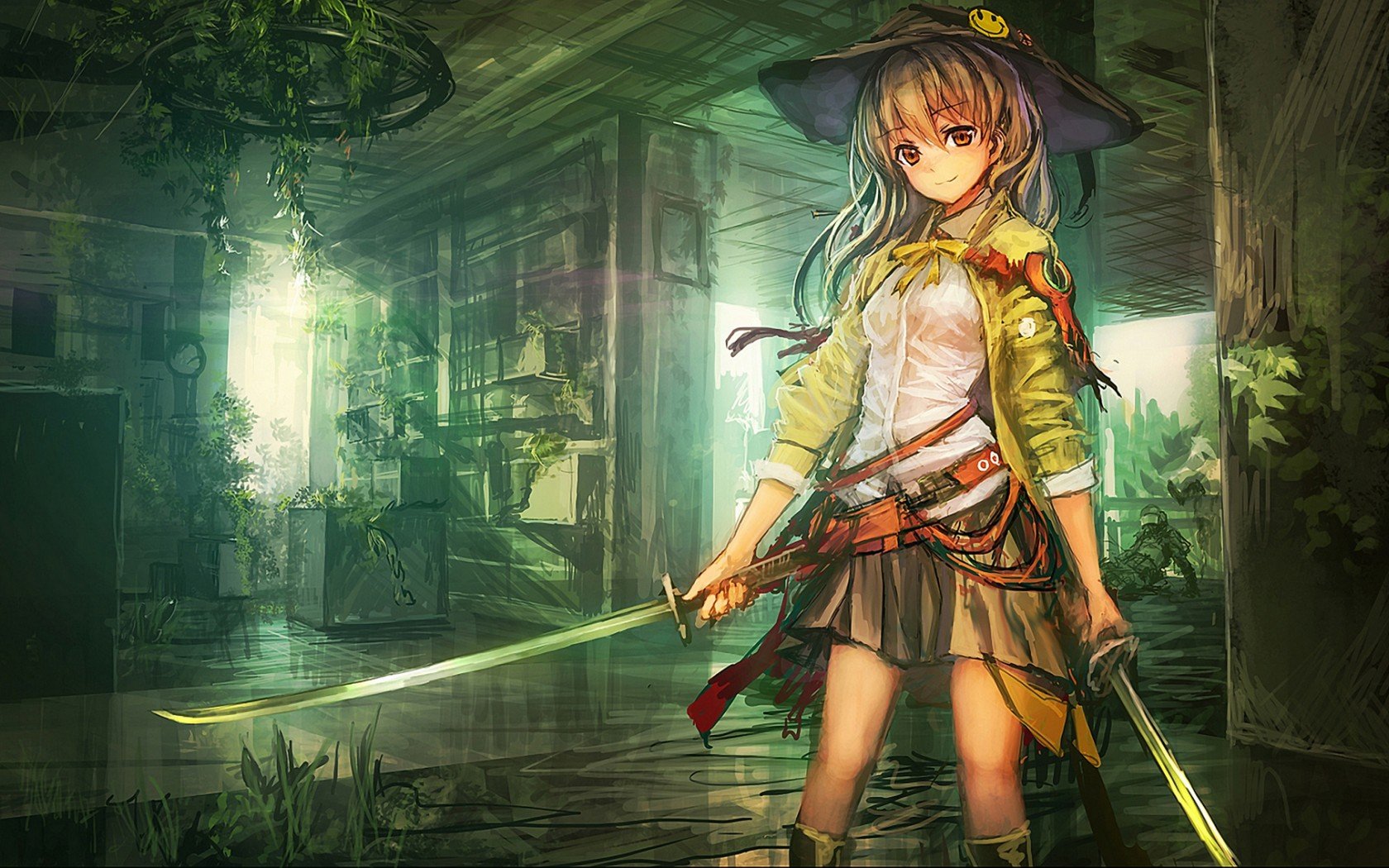arts, Lm7, Op, Center, Girl, Katana, Weapons, Hat, Smiley, Anime Wallpaper