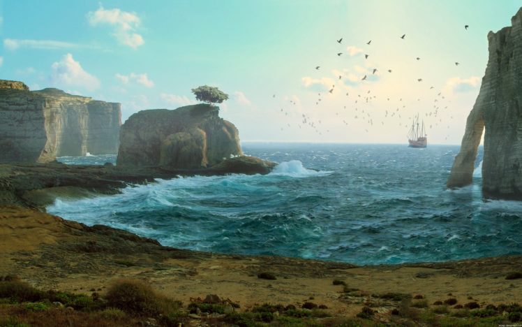 fantasy, Art, Artwork, Landscape, Nature, Ocean, Sea, Beach HD Wallpaper Desktop Background