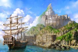 port, Painting, Fantasy, Ship, Sea, Sky